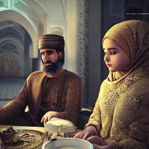 Prompt: prophet muhammed on date with 9 year old aisha, trending on artstation, photorealistic, high resolution, 8 k, octane, hyper detailed, trending on deviantart insane details, intricate, elite, ornate, elegant trend, highly detailed and intricate, sharp focus, photography, unreal engine