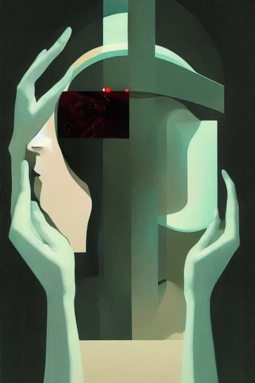 Image similar to woman wearing oculus and digital glitch head edward hopper and james gilleard, zdzislaw beksisnski, higly detailed