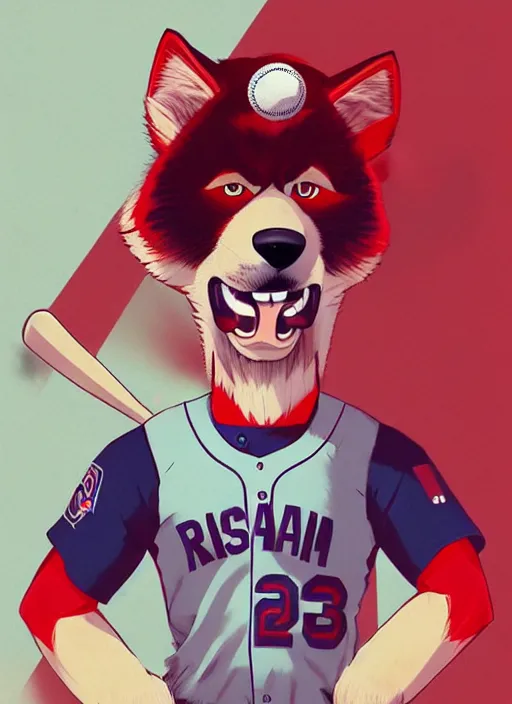 Image similar to commissioned full body portrait of a male anthro aslakan malamute with red fur playing baseball in a baseball stadium wearing a baseball uniform, by a professional manga illustrator, by Kilian Eng, by Sandra Chevrier, trending on artstation