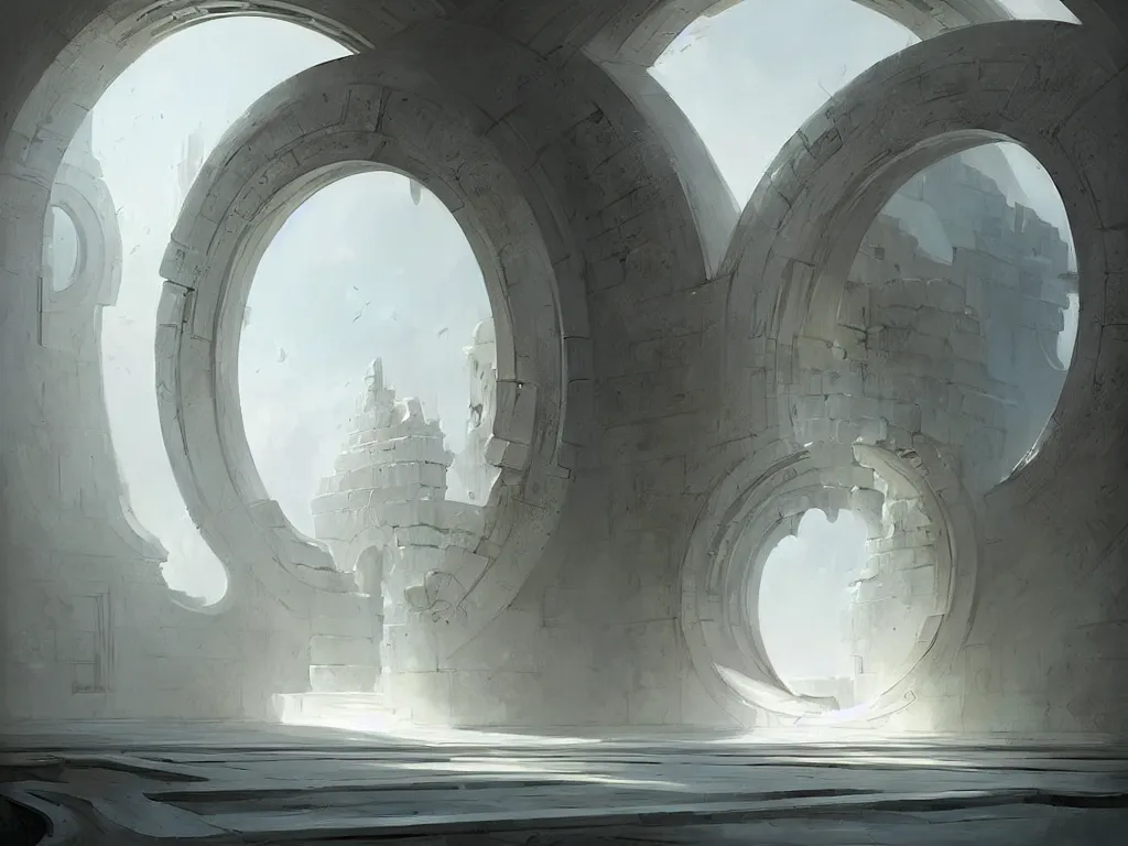 Prompt: circular gate in a white wall, leading to heaven. modern architecture. fantasy. detailed. smooth. sharp focus. trending on artstation. artist greg rutkowski.