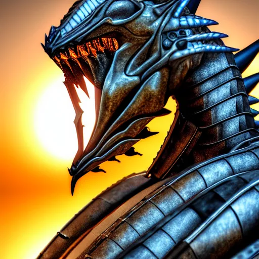 Prompt: close up bust shot, realistic detailed stunning beautiful armored anthropomorphic humanoid robot female dragon, doing an elegant pose, looking to the side, sleek streamlined armor and design, sharp claws, Slick LEDs, standing on two legs, on the beach during sunset, high quality, cinematic art, sunset lighting, artstation, deviantart, furaffinity