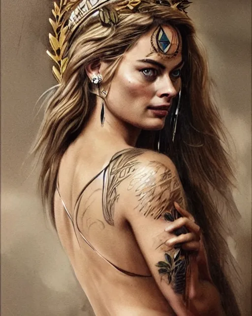 Prompt: realism tattoo sketch of margot robbie as a beautiful greek goddess aphrodite with piercing eyes wearing a laurel wreath and triangle earrings, in the style of greg rutkowski, amazing detail