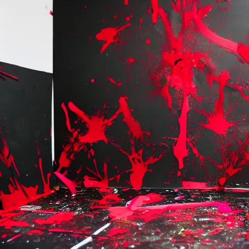 Image similar to a clean studio photography set, there is a bucket of red paint and it has just viciously exploded, there is paint EVERYWHERE