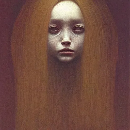 Image similar to young girl with a crow's head , painting by Beksinski