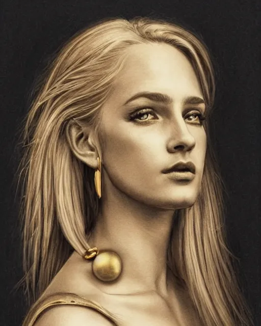 Image similar to pencil drawing of a beautiful greek goddess wearing round golden earrings, beautiful piercing eyes with a seductive look, beautiful blonde hair, hyper realistic face, in the style of greg rutkowski, fantasy, amazing detail, epic, elegant, smooth, sharp focus, from the front