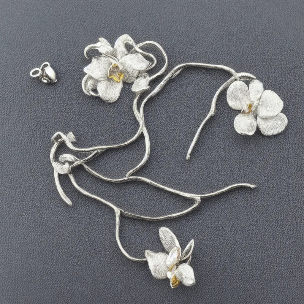 Prompt: Silver embroidered orchid amulet, realistic, clean, 4k, highly detailed