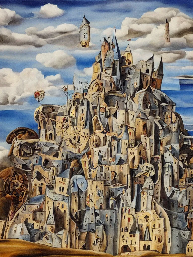 Prompt: a painting of a medieval castle alone on a flat empty plane painted in the style of Salvador Dali, surrealism