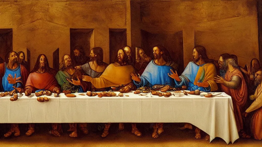 Image similar to mandalorian at the last supper, by leonardo davinci, concept art, oil painting, art station