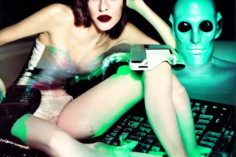 Image similar to handsome alien woman using a computer submerged in translucent goo, in 1 9 8 5, y 2 k cybercore, industrial low - light photography, in the style of terry richardson