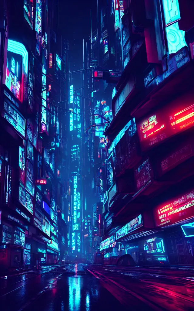 Image similar to concept art of a magnificent dark neon futuristic cyberpunk city bustling street at night cyberart in the style of liam wong in the film akira rendered in octane, 3 d render, trending on cgsociety, blender 3 d, displacement mapped