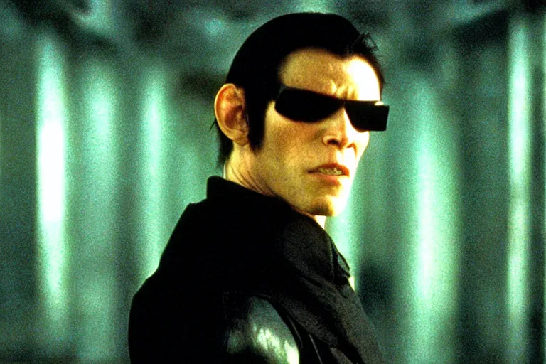 Image similar to a monkey starring as Neo on the matrix (1999), cinematic lighting, movie still