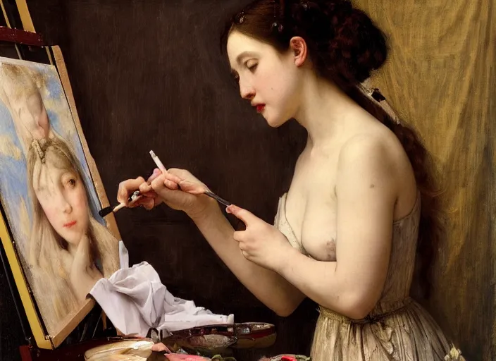 Prompt: a painter in his studio painting a picture of belle delphine by edgar maxence and caravaggio and michael whelan and delacroix style, artistic, intricate drawing, cinematic lighting, hyper realistic, extremely detailed, establishing shot, 8 k resolution, dramatic lighting