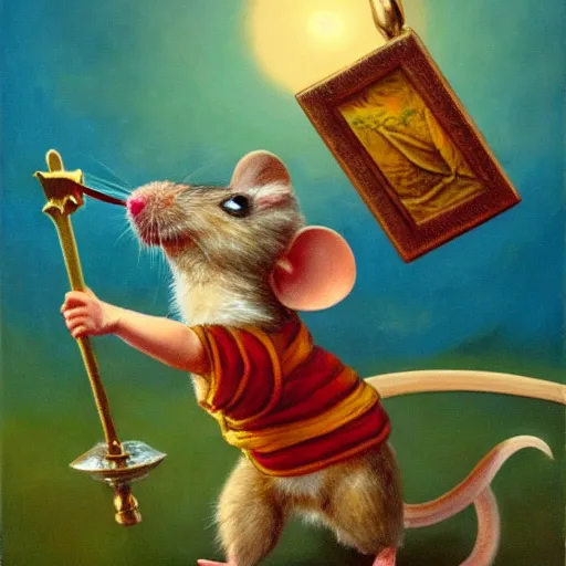 Image similar to mouse warrior reaches for floating crystal, famous oil painting, award winning, 8k scan