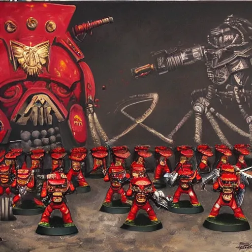 Image similar to a painting of red spacemarines from Warhammer 40000 by Banksy