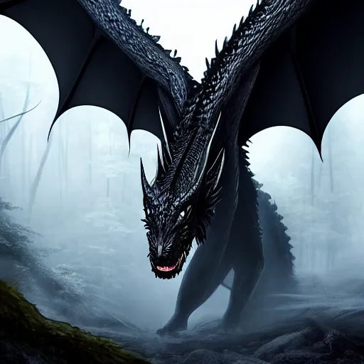 Image similar to portrait, black dragon, forest background, 4 k, cinematic composition, fantasy, extremely detailed, hyperrealism