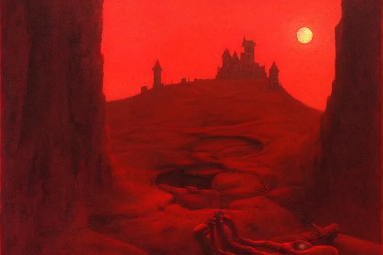 Image similar to only with red, in a red dream world, a crimson tiger, a castle in the background, medieval demons, an ancient path in the style of beksinski, part by hopper, part by rodcenko, part by hofbauer, intricate composition, red by caravaggio, insanely quality, highly detailed, masterpiece, red light, artstation