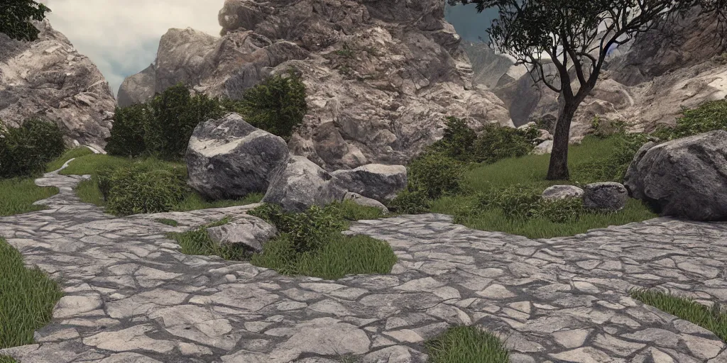 Prompt: pathway between mountains, rocks unreal engine render