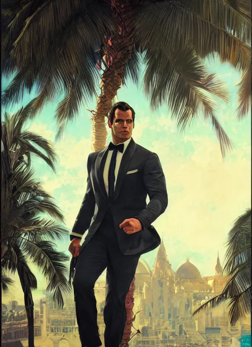 Image similar to portrait of henry cavill as james bond, casino, key art, sprinting, palm trees, highly detailed, digital painting, artstation, concept art, cinematic lighting, sharp focus, illustration, by gaston bussiere alphonse mucha