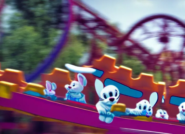 Image similar to film still of a bunny riding a roller coaster in disneyland paris, 8 k