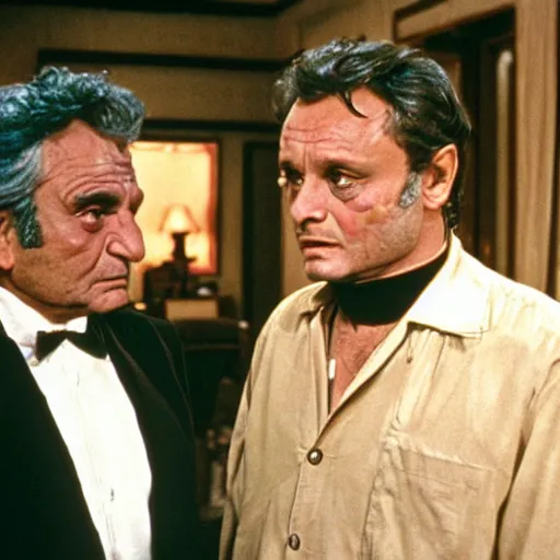 Image similar to Columbo Peter Falk interviewing old Hannibal Lecter Anthony Hopkins, cinematic, movie still, symmetrical faces!!!, round symmetrical eyes!!!, kodak 2383 film