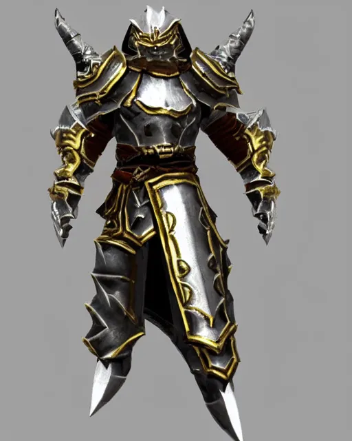 Prompt: fantasy warrior in simple armor, diablo 3 armor, silver with gold accents, smooth, plain, low poly, extremely clean, uncluttered, high-quality