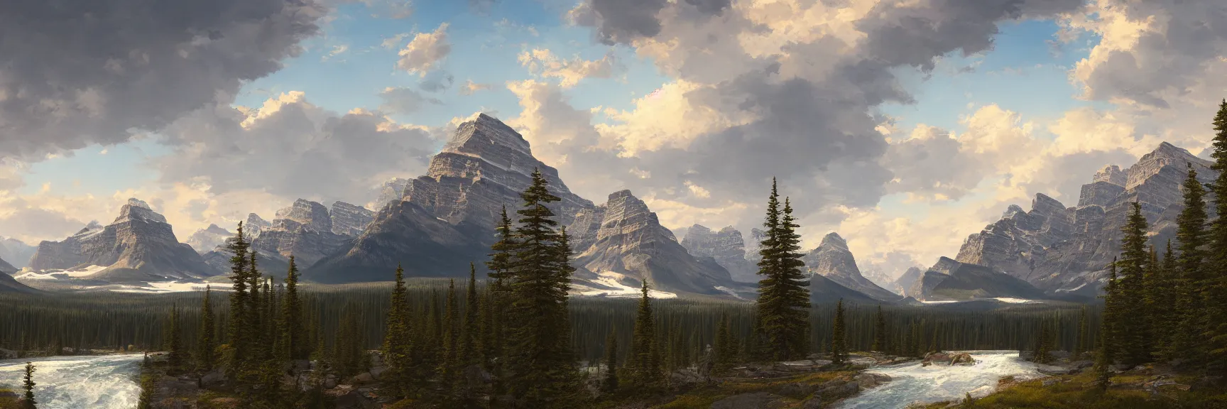 Prompt: a beautiful panoramic landscape painting of banff national park. by asher brown durand and marc simonetti, trending on artstation hq 8k