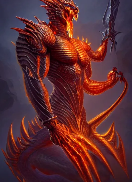 Image similar to muscular and tall ghostly fire humanoid dragon!!!! draconian!! intricate ornate iridescent heavy armor!! character concept art, sharp focus, octane render! unreal engine 5! highly rendered!! trending on artstation!! detailed linework!! illustration by artgerm, wlop, and chie yoshii