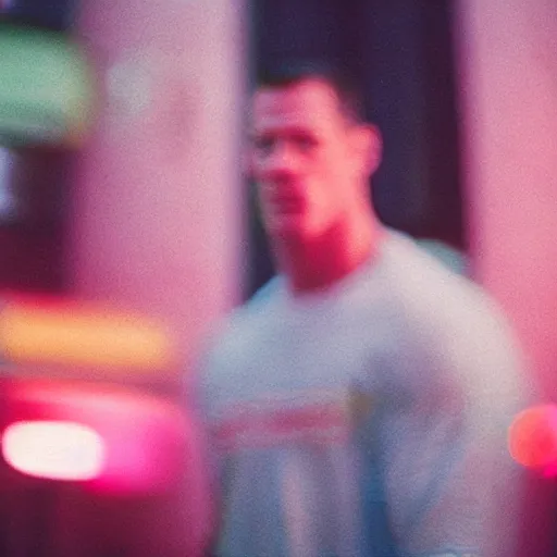 Image similar to A Medium shot of a John Cena face, captured in low light with a soft focus. There is a gentle pink hue to the image, and the John cena’s features are lightly blurred. Cinestill 800t