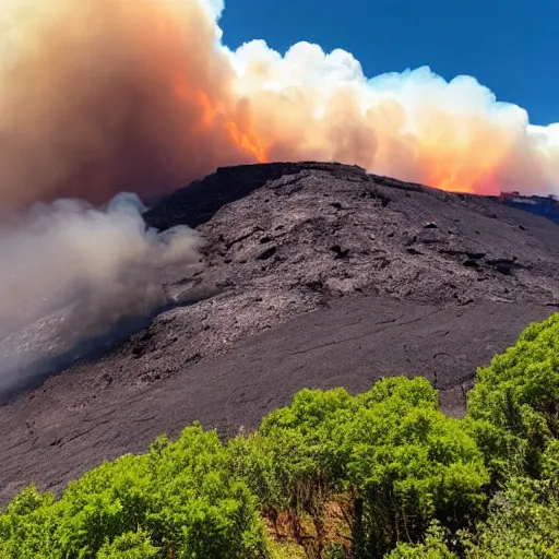 Image similar to mountain on fire surrounded by lava with trees and shrubs burning