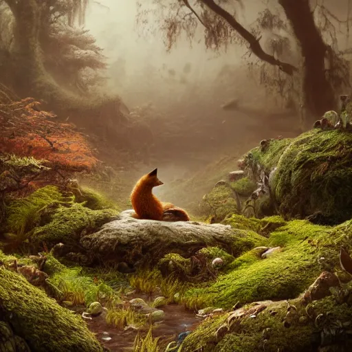 Image similar to soft painting render curiosities alien desolated world pond vegetation rocks, beautiful fox covered moss scintillating, accurate features, focus, very intricate ultrafine details, random volumetric lighting, dense fog, award winning masterpiece, octane render 8 k hd, artstation, tom bagshaw