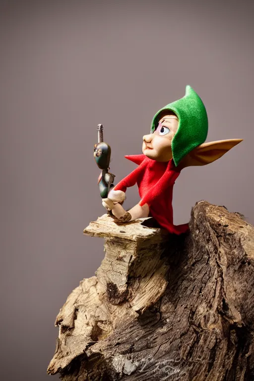 Image similar to a tiny pixie-like dragon sitting on the shoulder of a wooden marionette painted like an elf, high resolution film still, 8k, HDR color