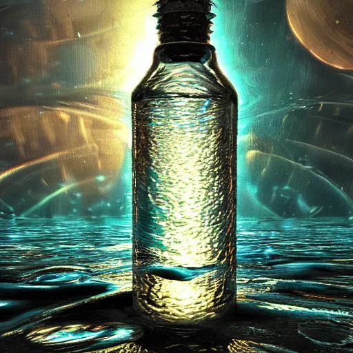 Prompt: a water world in a bottle, trending on artstation, hdr, cinematic, fantasy art