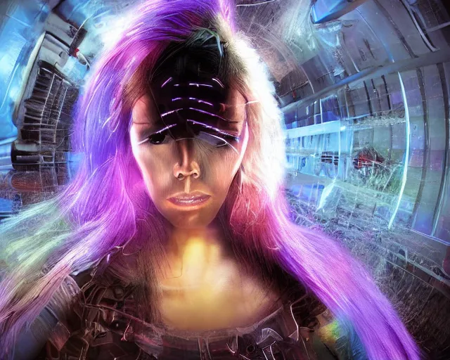 Image similar to glowing hair, complex cybernetic beings, beautiful hairy humanoids, cybermagnetosphere, cybernetic civilizations, ornate hair, love, joy, vortexes, large arrays, data holograms, 8 k, cinematic light shadows, wet hdr refractions, *, * * *, * * * * *