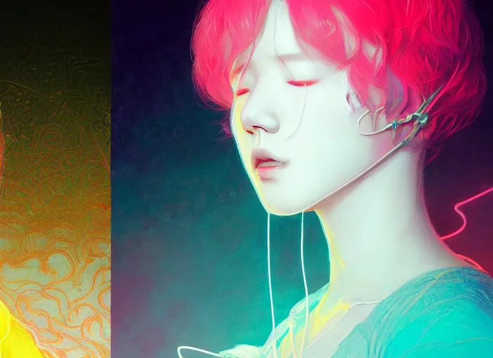 Prompt: harmony of, mute, jimin wearing blind fold, neon absinthe tears ( portrait of bts jimin blood sweat & tears ) by wlop, james jean, victo ngai, beautifully lit, muted colors, highly detailed, fantasy art by craig mullins, thomas kinkade