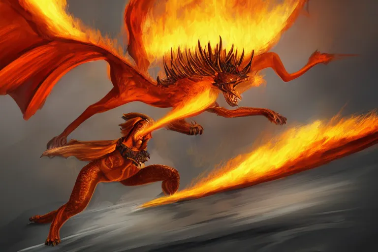 Image similar to a sphinx fighting a flaming dragon, low angle, digital painting, dynamic, trending on artstation