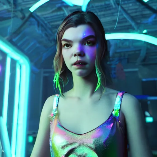 Image similar to neon fluorescent, iridescent older anya taylor - joy with fairy wings cyperpunk 2 0 7 7, unreal engine 5, 8 k ultra realistic, hyperdetailed, volumetric lighting, extremely high quality