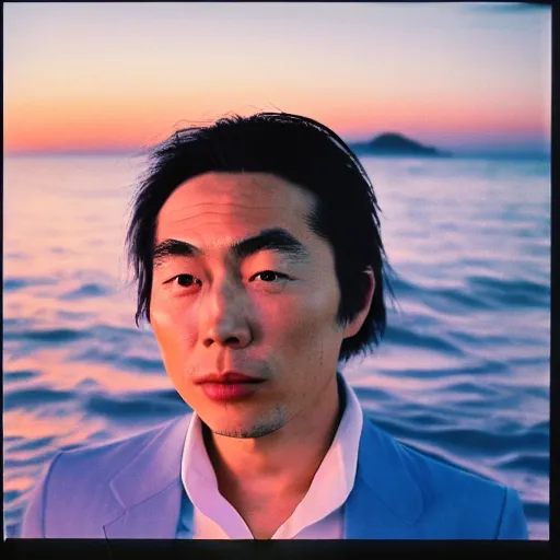 Image similar to japanese man with long hair in a suit standing in the ocean looking at the camera, wide shot, sunset, album cover, 1980, tatsuro yamashita