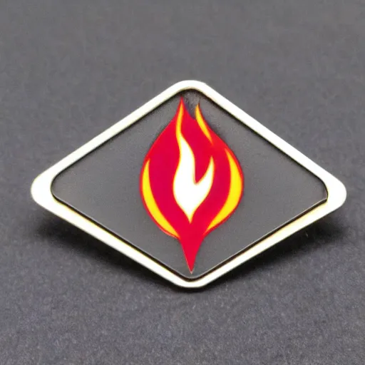 Image similar to a diamond enamel pin of a retro 1 9 8 0 s minimalistic flame fire warning label, smooth curves