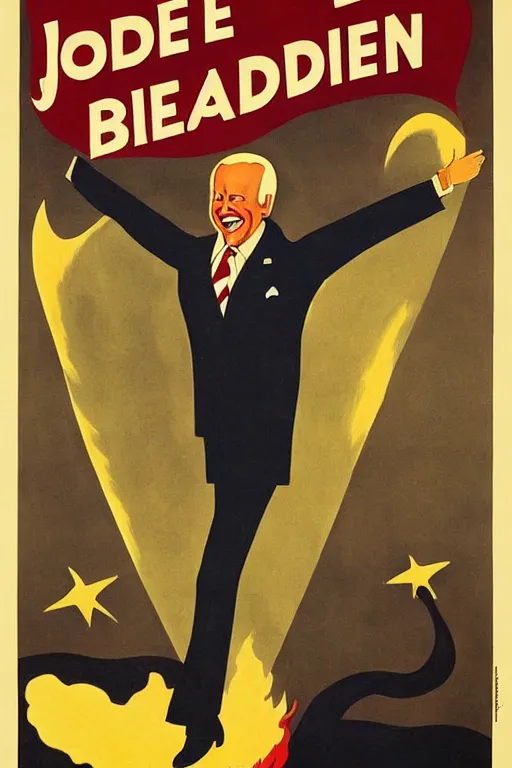 Image similar to joe biden!!!!! propaganda poster by miguel covarrubias! smile, creepy!, joe biden as satan!!! devil worshiper!!! ink print press, ww 2 poster,, iconic, masterpiece, ornate and detailed, propaganda, award winning