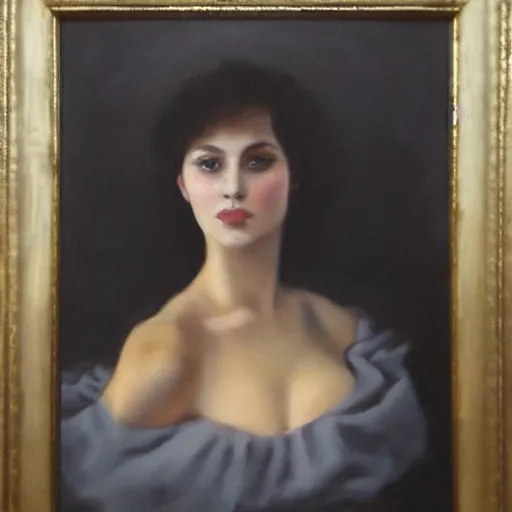 Prompt: oil painting of princess Vulvine, Hungarian, curly dark hair, fair skin, dark ominous, blurred background by Apelles of Kos, concept art, master, realism, romantism