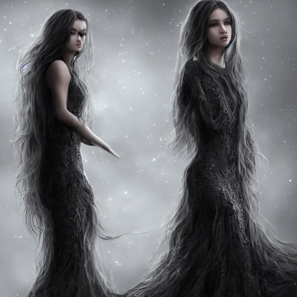 Image similar to beautful girl with long hair and ethereal dress, black background, ultra realistic, hyper detailed, 8 k