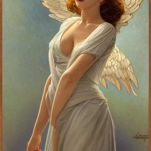 Prompt: Jennifer Lawrence as angel, medieval art, medium shot, intricate, elegant, highly detailed, digital painting, volumetric light, artstation, concept art, smooth, sharp focus, illustration, art by Gil Elvgren and Greg Rutkowski and Alphonse Mucha, 8K