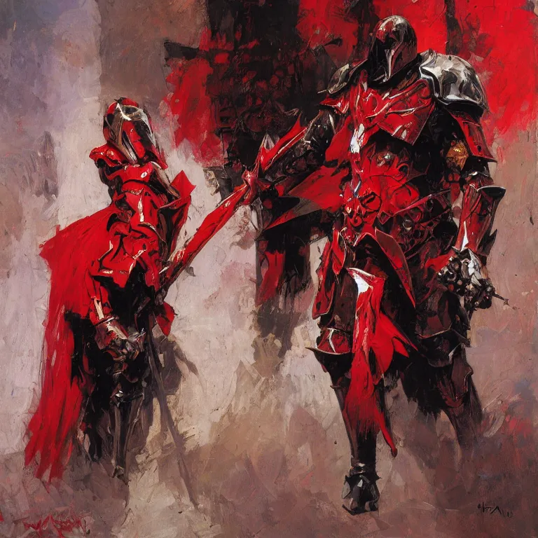 Prompt: crusade paladin in red and black armor painting, henry asencio, craig mullins, alphonse mucha, greg ruthowski