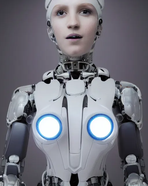 Image similar to centered portrait of soulful young shari headly as a solarpunk mecha humanoid robotic parts with bright led lights, real human face, pudica gesture bouguereau style, in white room, ultra - realistic and intricate, soft portrait shot 8 k