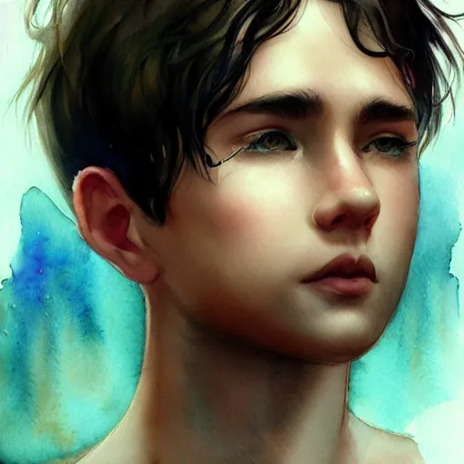 Prompt: young boy, black hair, gorgeous, amazing, delicate, elegant, intricate, highly detailed, watercolor, portrait, artstation, concept art, sharp focus, illustration, art by charlie bowater and Ross tran