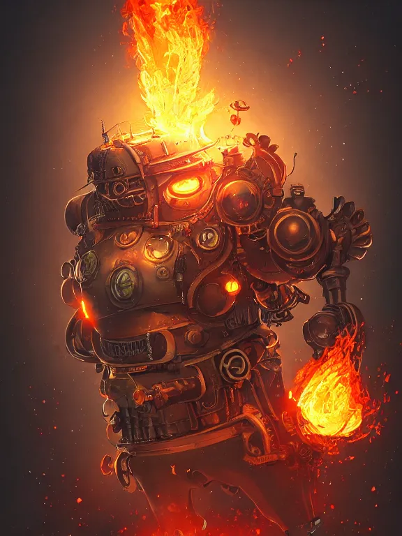 Prompt: a floating steampunk chubby robot engulfed in flames, steampunk, high fantasy, highly detailed, sharp focus, high fantasy, by rossdraws