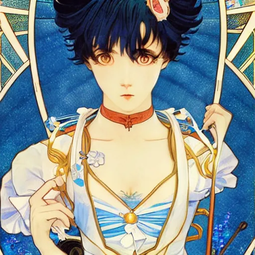 Prompt: the sailor mercury. beautiful, realistic painting by mucha and kuvshinov and aivazovsky