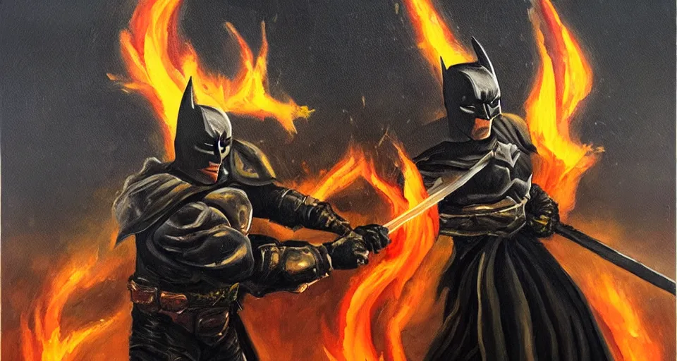 Image similar to An oil painting of a dark knight wielding a flaming sword