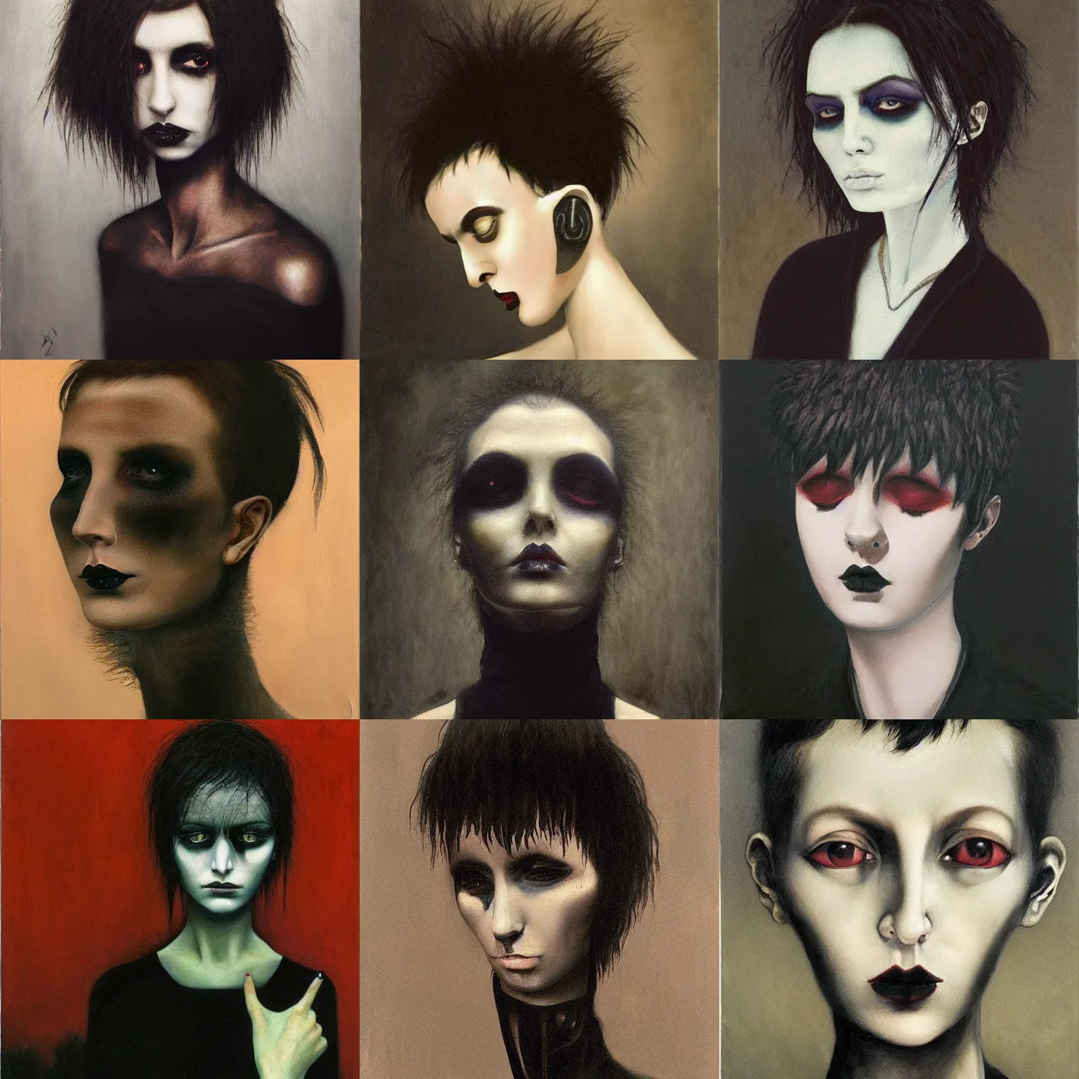 Prompt: A goth portrait painted by Zdzslaw Beksinski. Her hair is dark brown and cut into a short, messy pixie cut. She has a slightly rounded face, with a pointed chin, large entirely-black eyes, and a small nose. She is wearing a black tank top, a black leather jacket, a black knee-length skirt, a black choker, and black leather boots.