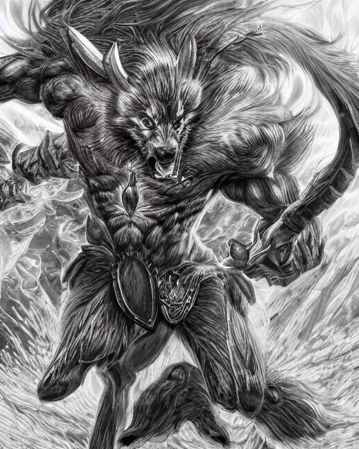 Image similar to A minotaur wolf, full body, highly detailed, close-up, fantasy art, monster art, in the style of masami kurumada, illustration, epic, fantasy, intricate, hyper detailed, artstation, concept art, smooth, sharp focus, ray tracing